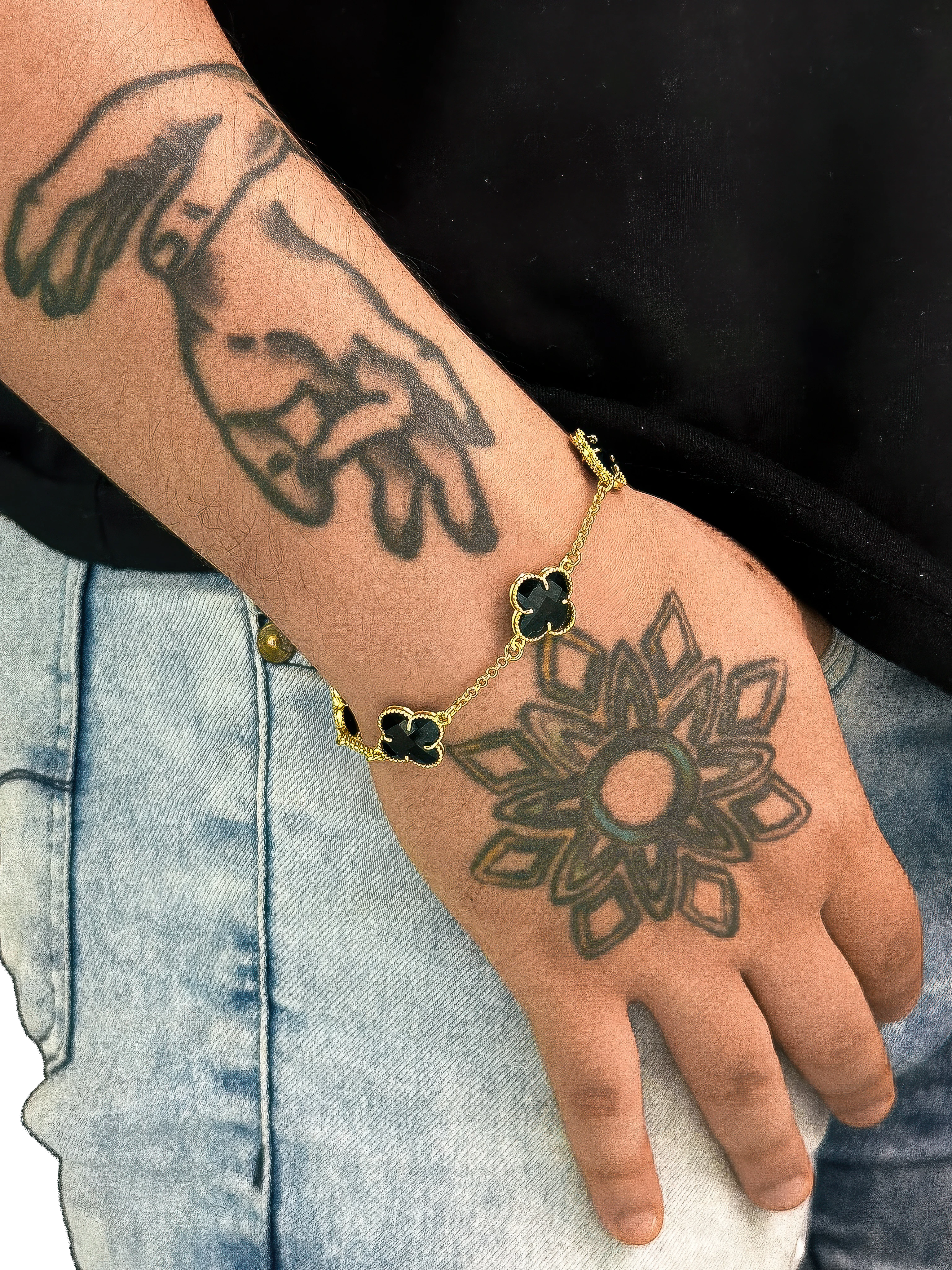 Pulseira Trevo Preto G - Banhado a Ouro 18K